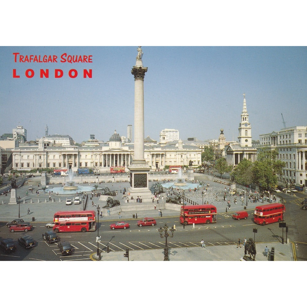 Vintage 1980s Trafalgar Square London Postcard Red Bus Retro Travel Cityscape